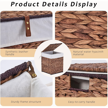 Laundry Basket with Lid & Handles - Handwoven Water Hyacinth Wicker Hamper, Removable Cotton Liner, 2 Mesh Bags, Boho Style, 9.25/17.17/25.1 Gal with Optional Casters