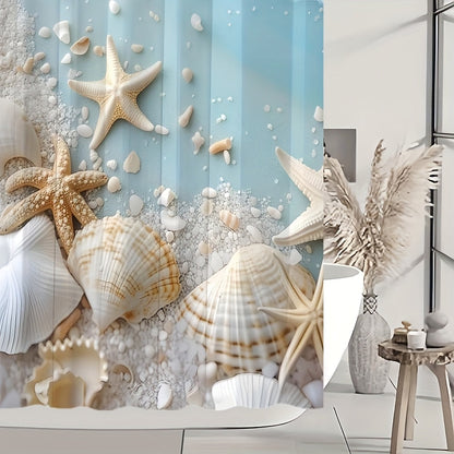 Sea Star and Shell Shower Curtain with One-Piece or Four-Piece Bathroom Set Checkout Options