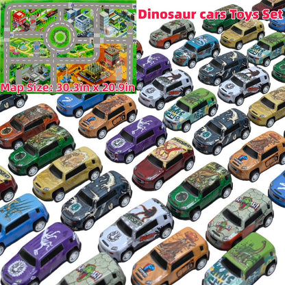 Dinosaur Toy Car Set 29-30pcs – Mini Pull Back Racing Cars with T-Rex Spinosaurus Pterodactyl Figures & City Traffic Map | Party Favors, Classroom Prizes, Birthday Gift for Boys & Girls Ages 3+