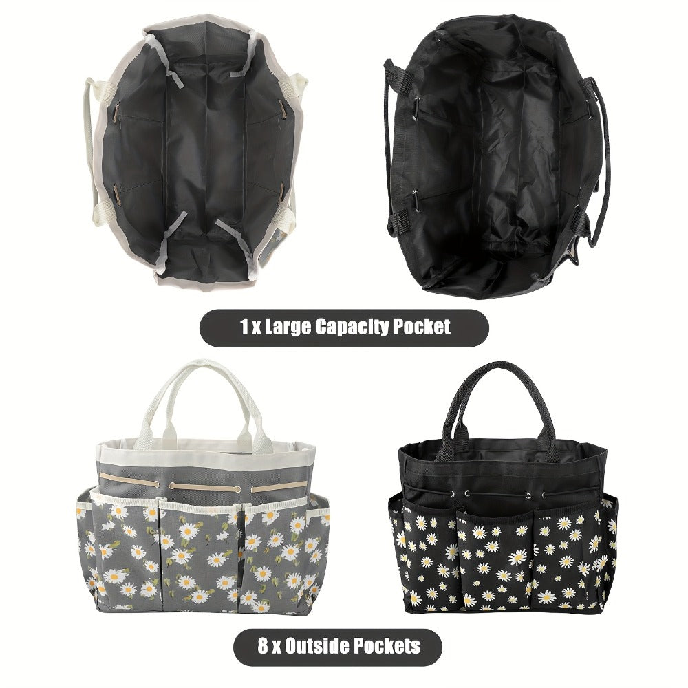 Multi-Pocket Garden Tool Organizer Tote with Daisy Pattern and Black or Gray Checkout Color Options