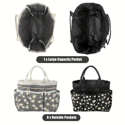 Multi-Pocket Garden Tool Organizer Tote with Daisy Pattern and Black or Gray Checkout Color Options