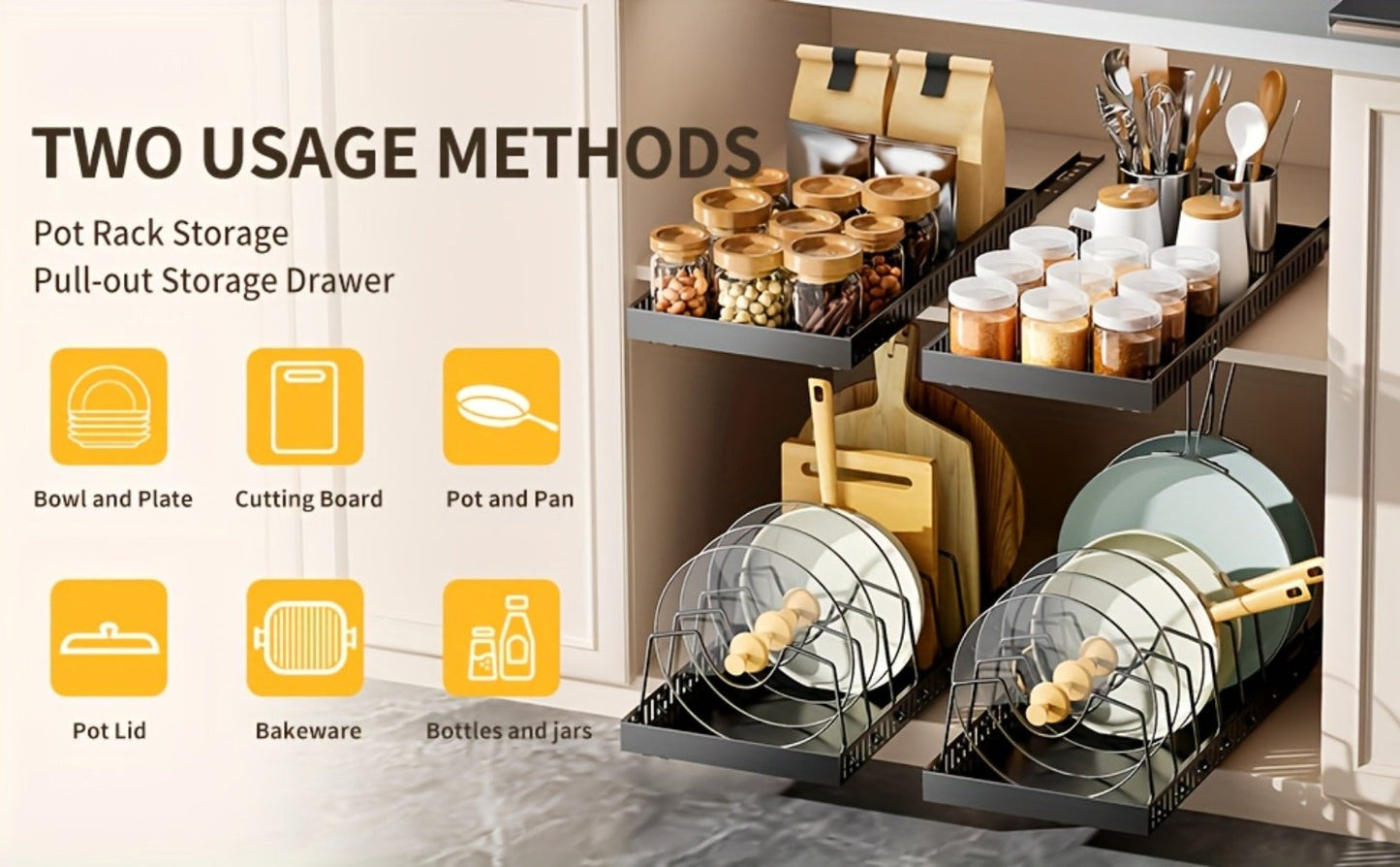 Pull-Out Pot and Pan Organizer with Sliding Cabinet Base, Eight Adjustable Dividers and One- or Two-Pack Options