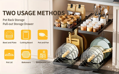 Pull-Out Pot and Pan Organizer with Sliding Cabinet Base, Eight Adjustable Dividers and One- or Two-Pack Options