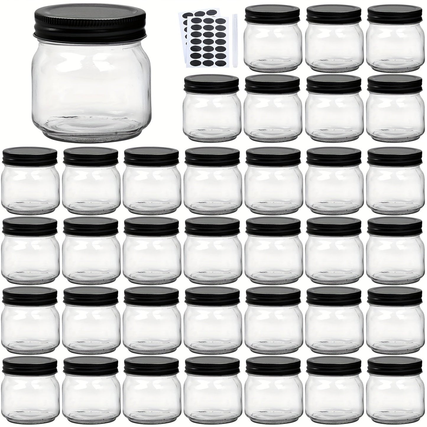 8 oz Glass Mason-Style Storage Jar Multipacks with 9, 18, 27 or 36 Jars and Four Lid Configurations