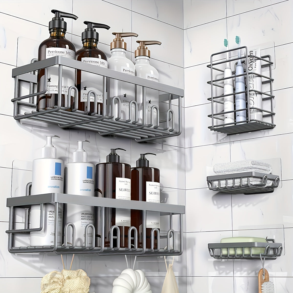 Five-Piece Shower Caddy Organizer Set with Soap Holder in Ten Exact Checkout Colors for Home and Everyday Use
