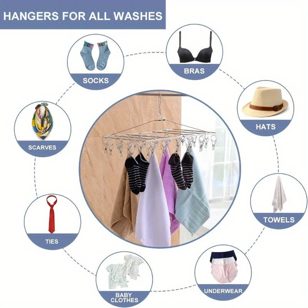 Stainless Steel Hanging Laundry Drying Rack with Square or Round Frame and 30, 40 or 50 Garment Clips