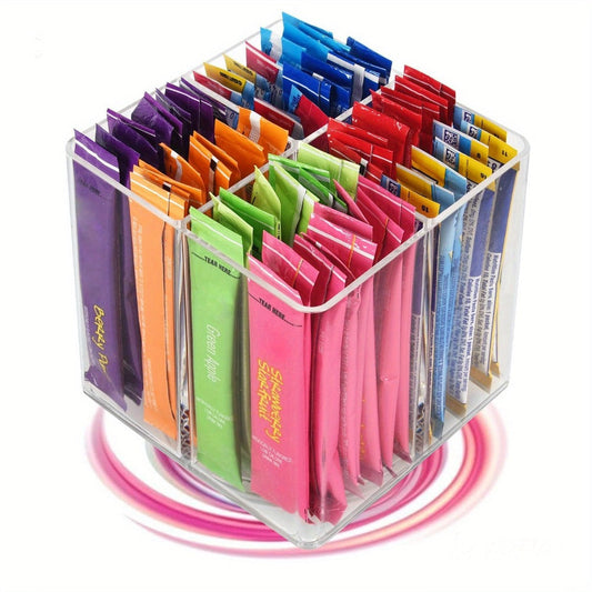 Rotating Drink Packet Kitchen Organizer, 4.5-Inch Square Acrylic Turntable with Divided Compartments