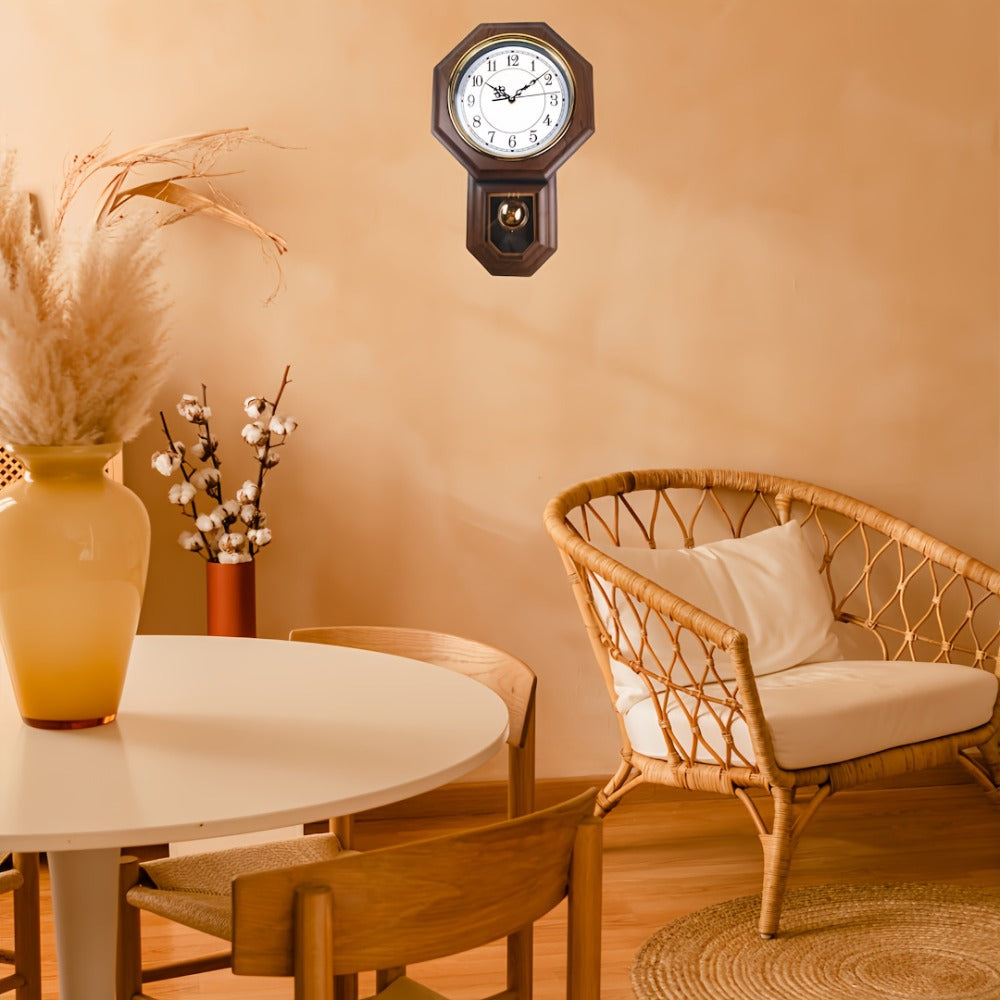 Two-Piece Octagonal Pendulum Wall Clock Set with 30 x 45 cm Frame and Brown or Mahogany-Colored Finish