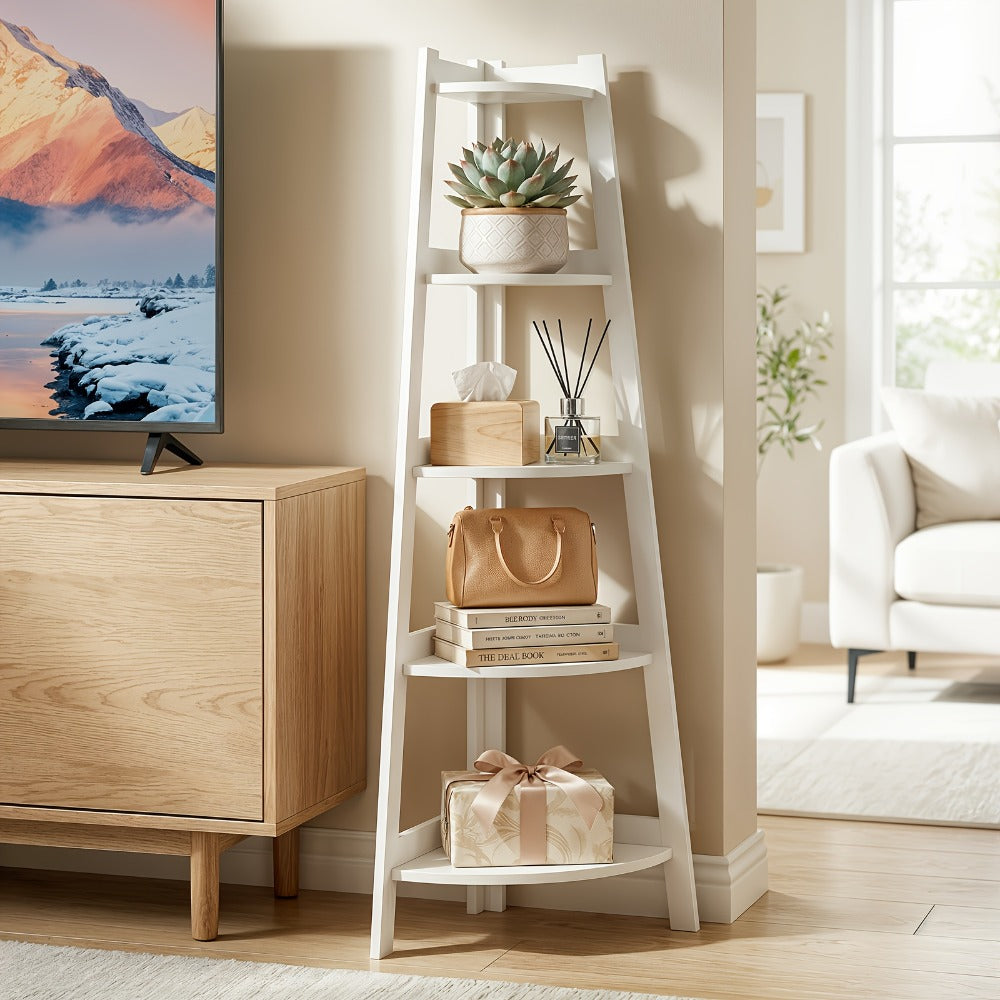 Corner Shelf 5-Tier Scandinavian Storage Cabinet – Space-Saving Vertical Organizer with Baskets, Shelves & Drawer, Modern Plastic Corner Rack for Home, Study, Balcony & Bathroom (White)