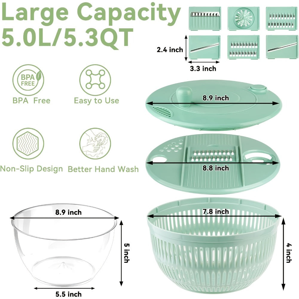 Salad Spinner Large 3-in-1 with 5-Blade Slicer & Egg Yolk Strainer – 5.3 Qt Vegetable Washing Bowl & Lettuce Spinner for Efficient Salad Prep – BPA-Free Kitchen Tool for Fruits, Greens & Meal Prep