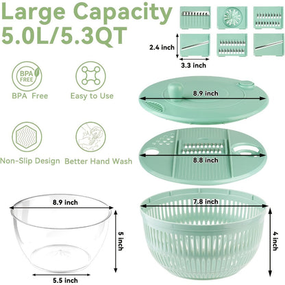 Salad Spinner Large 3-in-1 with 5-Blade Slicer & Egg Yolk Strainer – 5.3 Qt Vegetable Washing Bowl & Lettuce Spinner for Efficient Salad Prep – BPA-Free Kitchen Tool for Fruits, Greens & Meal Prep