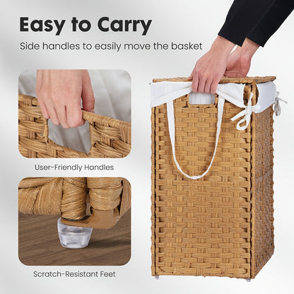 Laundry Basket with Lid - Large Foldable Rattan Hamper with Removable Washable Liner, Sturdy Steel Frame, for Bathroom Bedroom, Goose Yellow or Dove Gray