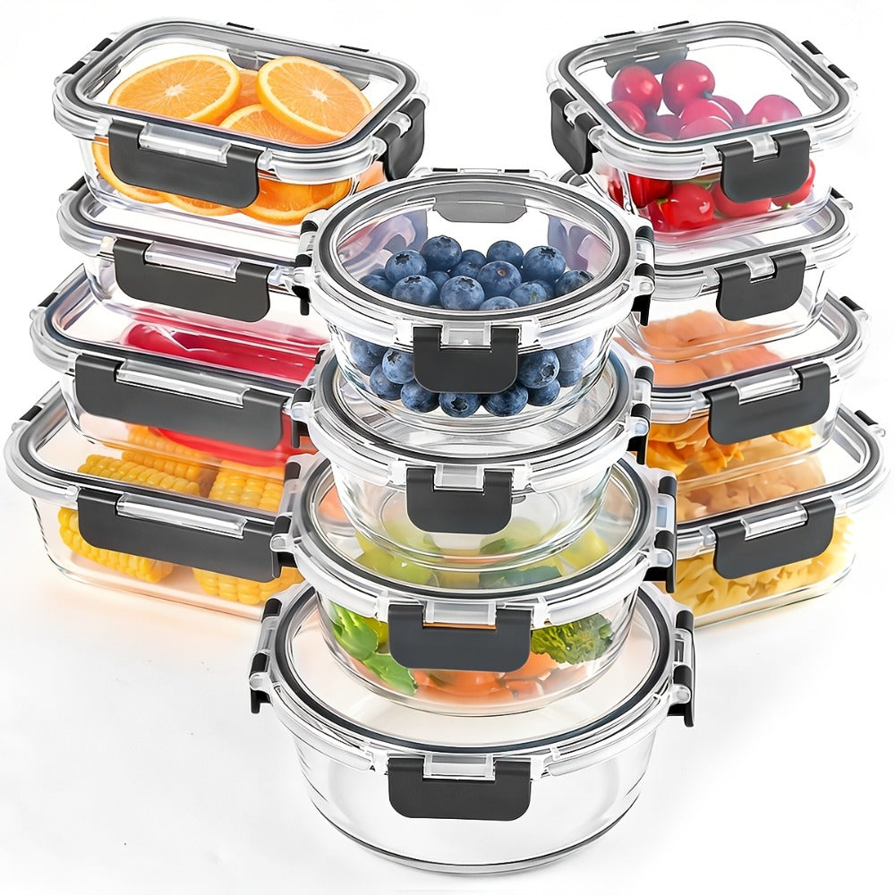 Food Storage Containers 12-Piece Glass Set with Clip-On Lids for Microwave, Oven, Freezer and Dishwasher Use
