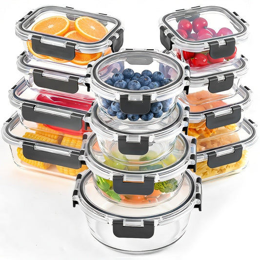 Food Storage Containers 12-Piece Glass Set with Clip-On Lids for Microwave, Oven, Freezer and Dishwasher Use