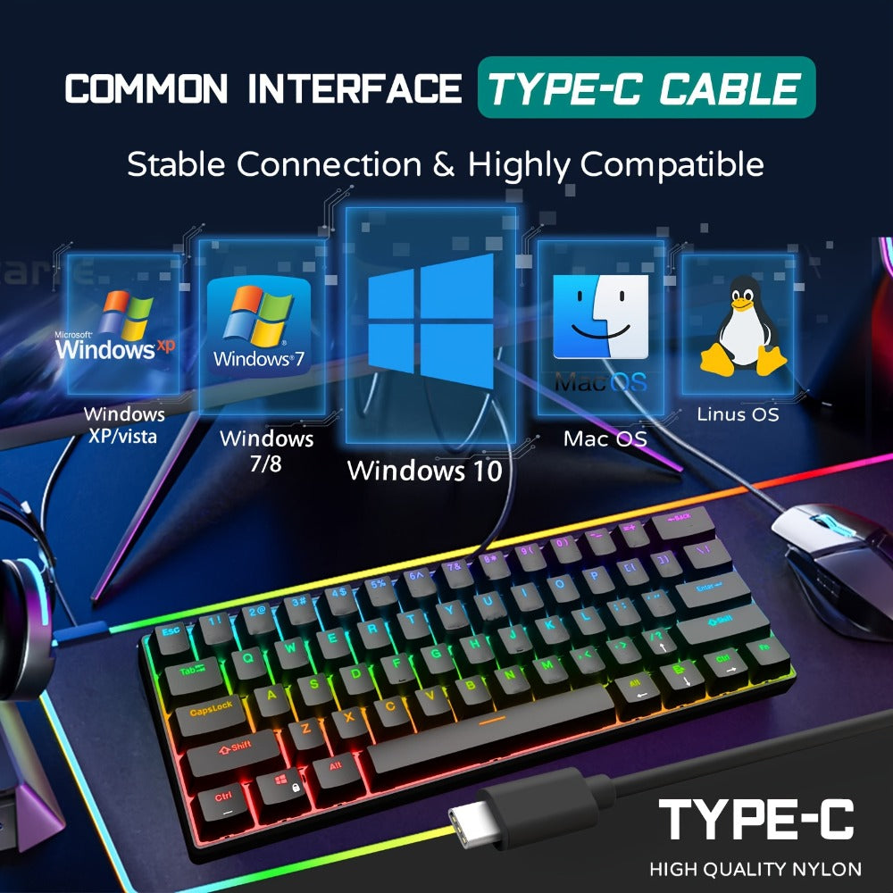 Blue Switch RGB Mechanical Keyboard 60% Layout – 61 Keys Ultra-Compact Wired Tenkeyless Design for PC, Laptop & Mac | Clicky Tactile Gaming & Typing Keyboard | Black & White Color Options