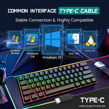 Blue Switch RGB Mechanical Keyboard 60% Layout – 61 Keys Ultra-Compact Wired Tenkeyless Design for PC, Laptop & Mac | Clicky Tactile Gaming & Typing Keyboard | Black & White Color Options