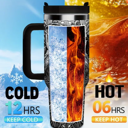 40oz Wolf-and-Raven Graphic Handled Tumbler with Black Lid, Straw and 10 x 26.8 cm Pictured Size