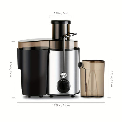 Black-and-Silver Centrifugal Juicer with Rear Pulp Bin, Juice Cup and 8cm-Labeled Feed Opening