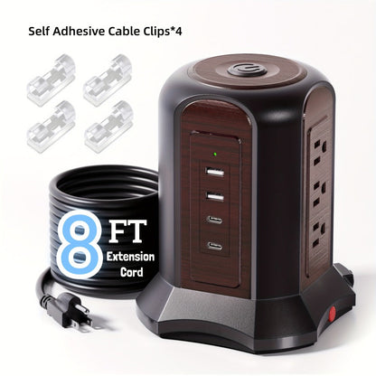 Surge-Protected Power Tower 13-in-1 with Wireless Charger, 9 AC Outlets & 4 USB Ports (2 USB-C PD18W), 1080J Surge Protector, 8ft Extension Cord – Multi-Color for Home Office Dorm