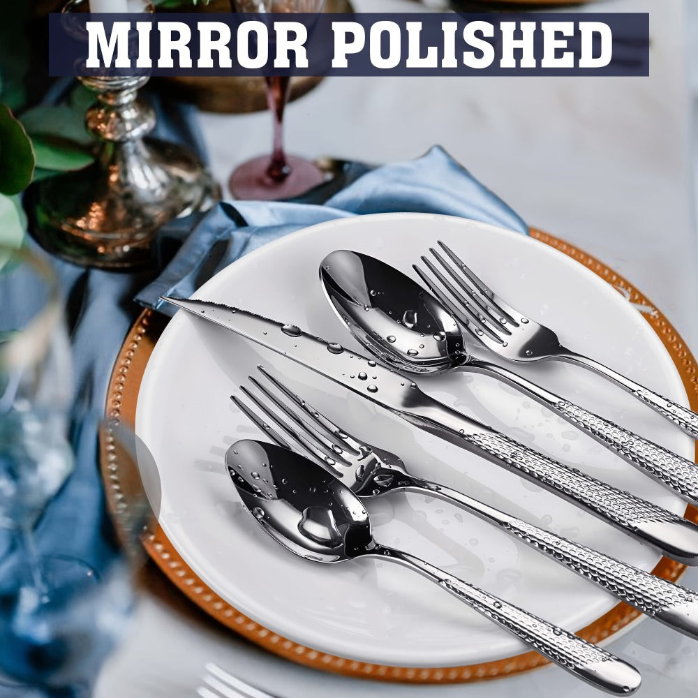 Stainless Steel Flatware Set 40/48 Piece – 304 Silverware Set for 8 Hammered Mirror Polished Rose Gold Cutlery with 2-in-1 Serrated Knife Dishwasher Safe Modern Utensils for Home Restaurant Wedding