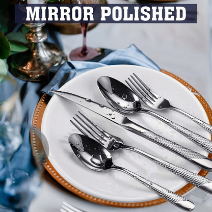 Stainless Steel Flatware Set 40/48 Piece – 304 Silverware Set for 8 Hammered Mirror Polished Rose Gold Cutlery with 2-in-1 Serrated Knife Dishwasher Safe Modern Utensils for Home Restaurant Wedding