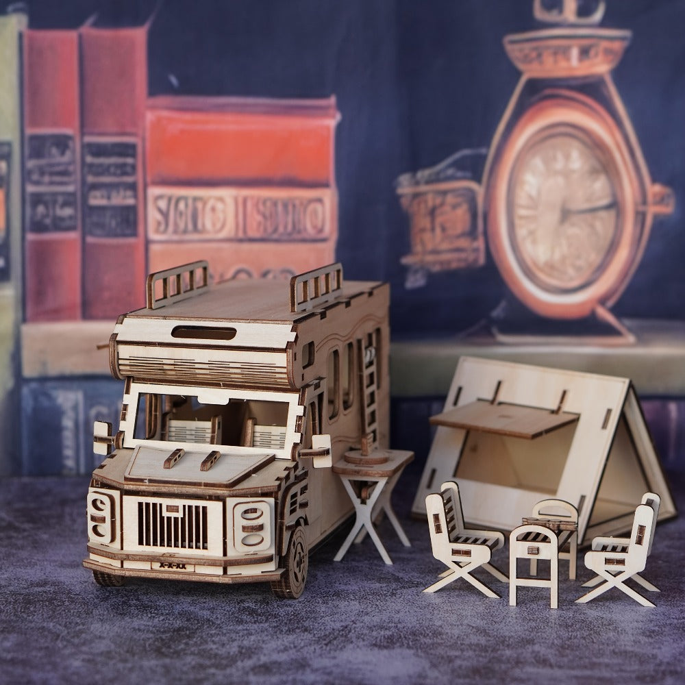 Wooden RV 3D Puzzle Model Kit with Motorhome Body, Fold-Out Side Panels and Miniature Camping Furniture