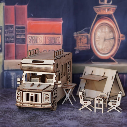 Wooden RV 3D Puzzle Model Kit with Motorhome Body, Fold-Out Side Panels and Miniature Camping Furniture