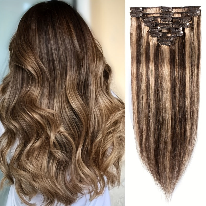 Hair Extensions Straight Remy Human Hair Clip-In Set with Eight Wefts, Highlighted Blonde Colors and 8–24-Inch Lengths