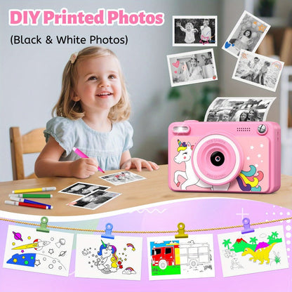 Kids Instant Print Camera with Cartoon Unicorn or Dinosaur Design, Paper Rolls, Color Pens and Four Color Options