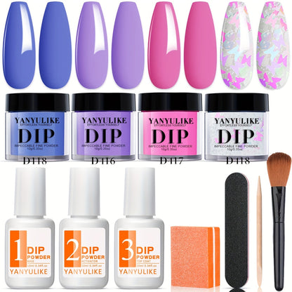 Spring Butterfly Glitter Dip Powder Kit 4 Colors Lilac Purple Blue Pink — Base Coat & Activator Included French Nail Art Salon Manicure Set No Lamp Needed