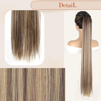 34 Inch Straight Ponytail Extension Ribbon Wrap – Long Sleek High Temperature Fiber Hairpiece for Women | Instant Wrap On Ponytail | Daily Wear Party Wedding | Brown Linen Champagne Olive Mixed