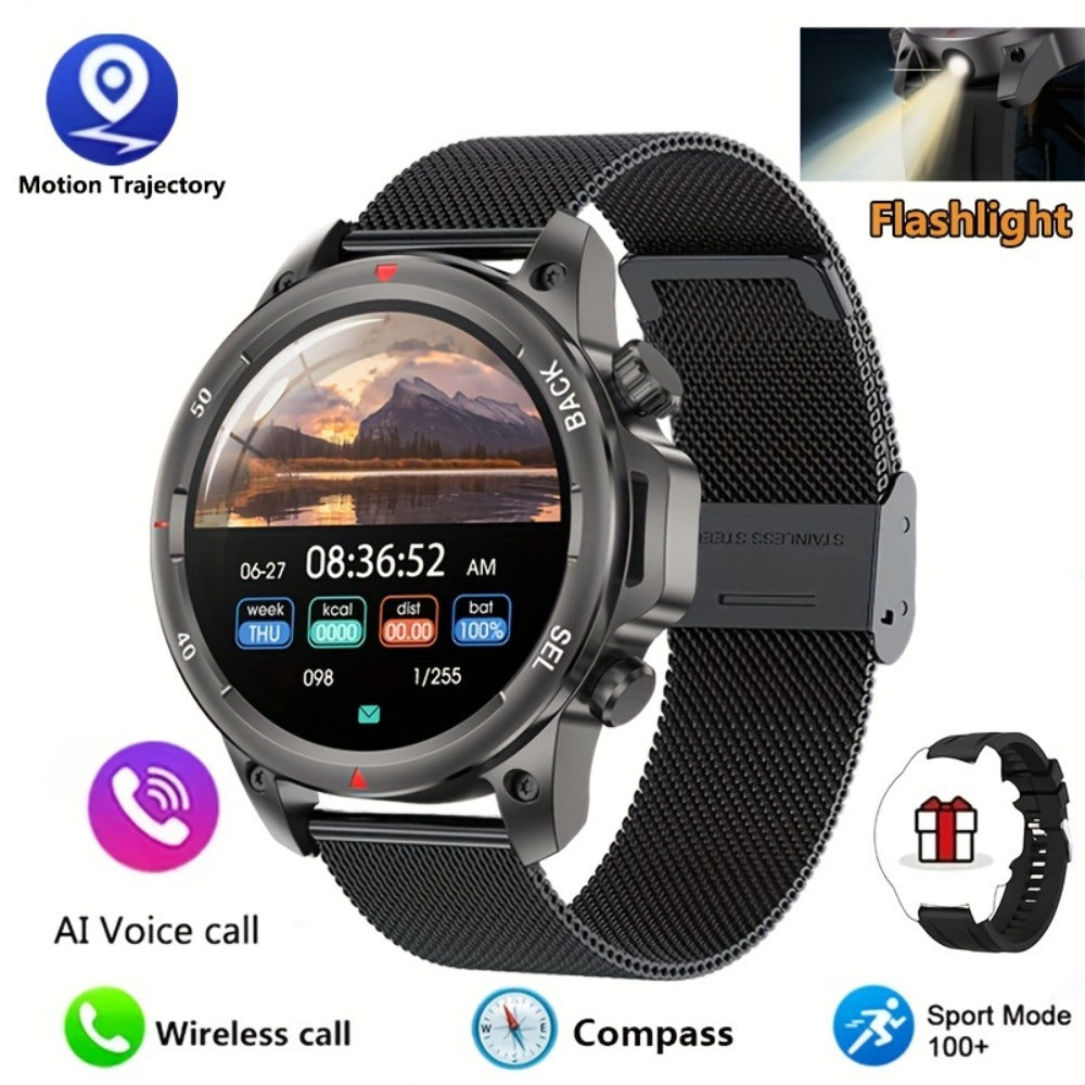 GPS NFC Smartwatch for Men – AI Voice Calling, 360×360 HD Screen, Built-in Compass, Motion Trajectory, Heart Rate Sleep Fitness Tracker – Outdoor Sports Watch Black Silver Steel