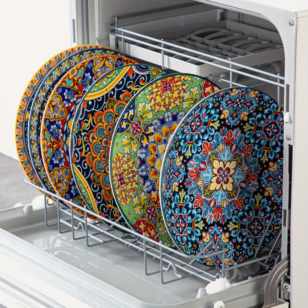 Six-Piece Bohemian Dinner Plate Set with 10.5-Inch Colorful Patterned Plates in Two Style Options