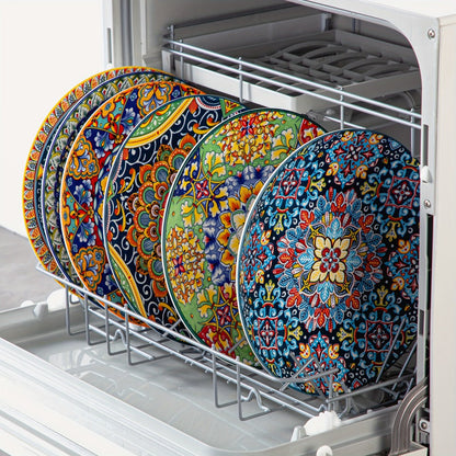 Six-Piece Bohemian Dinner Plate Set with 10.5-Inch Colorful Patterned Plates in Two Style Options