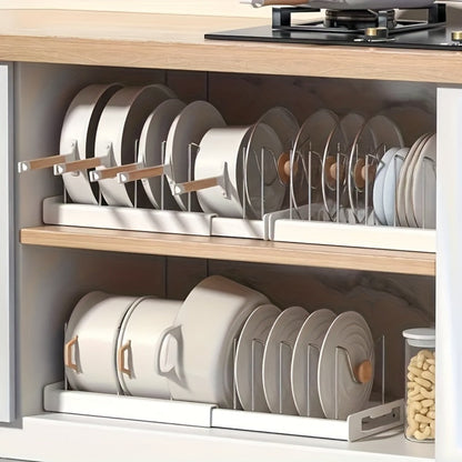 Pots and Pans Organizer Rack Adjustable Expandable - Metal Bakeware Organizer with Dividers, Pot Lid Holder for Under Cabinet & Kitchen Cabinet Storage, Holds Pots, Pans, Lids & Bakeware, White