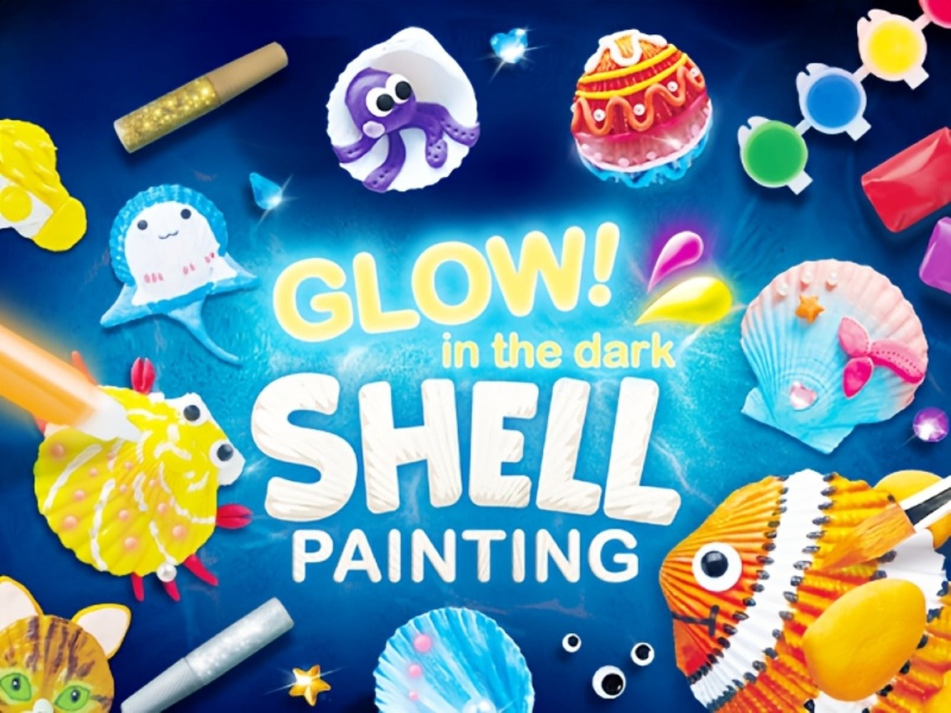 Seashell Painting Craft Kit with 12 Shell Forms, Glow-Labeled Paints, Brushes, Gems and Stickers
