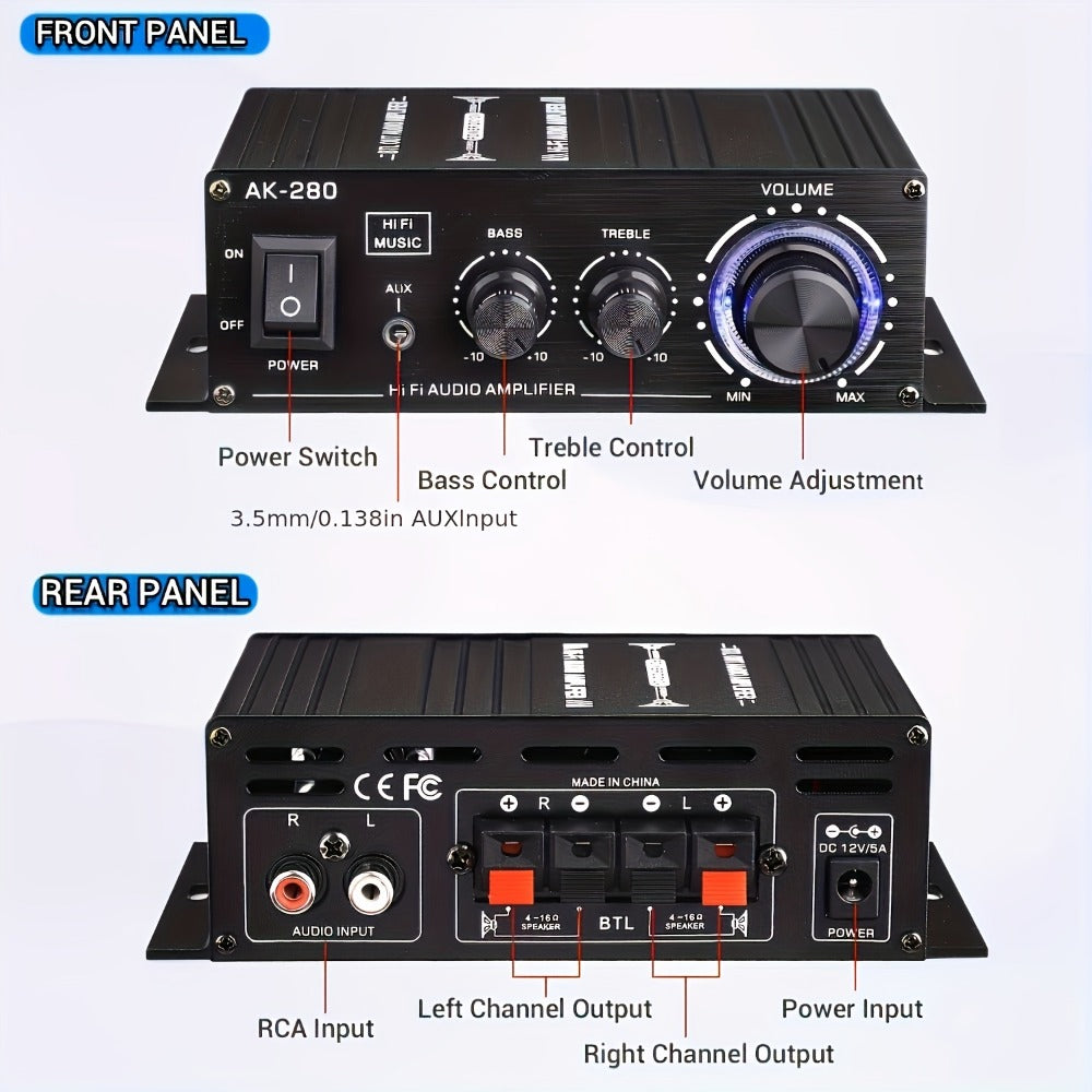 600W Mini HiFi Stereo Power Amplifier, Dual-Channel Class AB Compact Audio Amp, 2.0 Channel, RCA & AUX Input