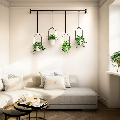 Adjustable Black Metal Hanging Plant Rack with Four Pot Holders for Wall or Window Display