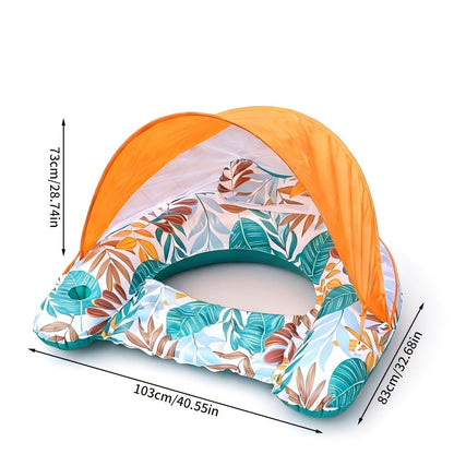 Tropical Leaf Inflatable Pool Lounger with Canopy, Cup Holder, Two Donut Drink Rings and Green or Blue Options