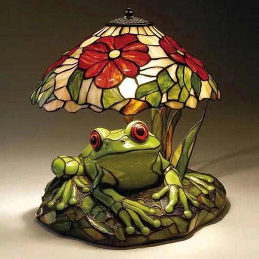 Table Lamp with 3D Frog Base, Floral Art-Glass Shade and Single Corded Decorative Design for Bedside Decor