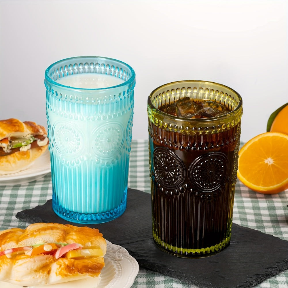Vintage Embossed Drinking Glasses, Six-Piece 14-Ounce Tumbler Set in Six Gradient Colors for Table Settings