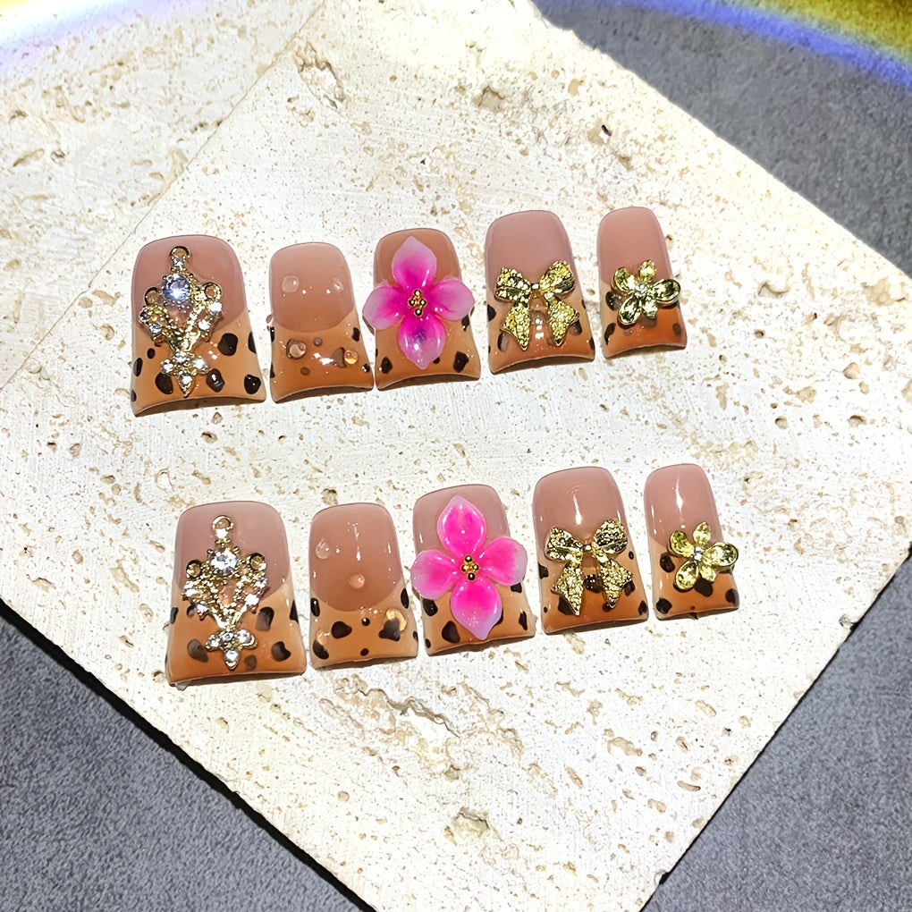 Press On Nails 10-Piece Medium Duckbill Set with Brown-Pink Gradient, 5D Flowers and Included Gel Tabs