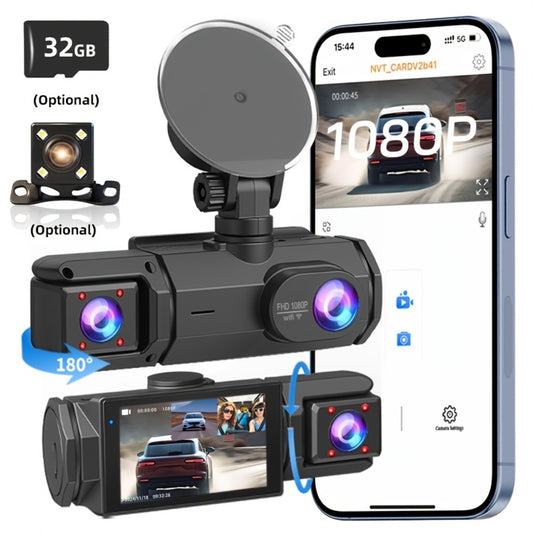 Dash Cam 3-Channel Front Inside Rear – 1080P 170° Wide Angle WiFi Night Vision Loop Recording G-Sensor with 2" IPS Screen & 32GB Card