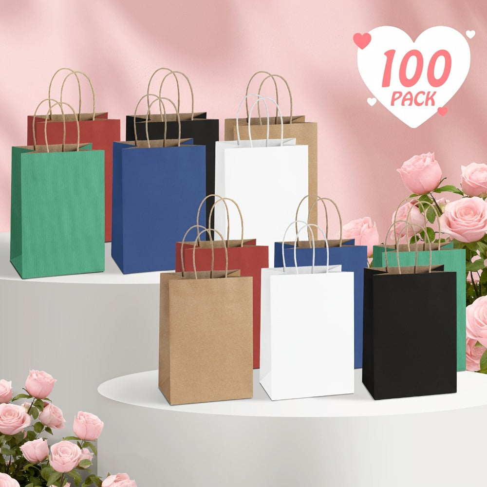 Gift Bag Set Small Kraft Paper, 100 Twisted-Handle Bags in Brown, Black or White, 4.25 x 2.85 x 7.85 Inches