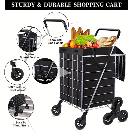 Stair Climbing Cart 8 Wheels 100 LBS Capacity Collapsible Utility Cart Foldable Grocery Dolly with Dual Basket Stainless Steel Frame for Home Office Moving
