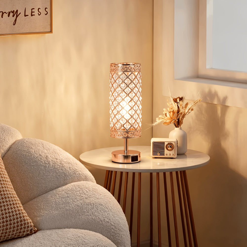 Crystal Bedside Table Lamp with Touch Control & 2 USB Charging Ports, 3-Way Dimmable Nightstand Lamp with Decorative Crystal Base, LED Bulb Included, for Bedroom Living Room Office