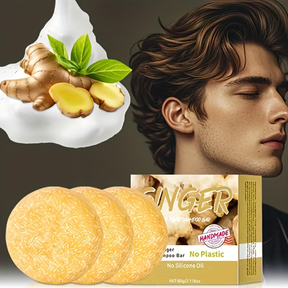 Ginger Shampoo Bar 3pcs × 60g — Natural Handmade Solid Shampoo Bar, Sulfate-Free, Paraben-Free & Vegan | Scalp Stimulating Ginger Formula for Hair Growth | All Hair Types | Unisex Travel Size