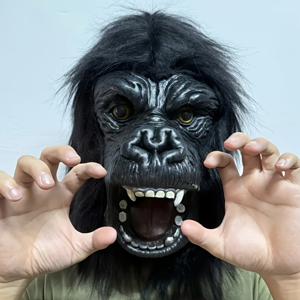 Black Gorilla Full-Head Costume Mask in Open-Eye or Eyeless Styles with Shaggy Fur and Open Mouth