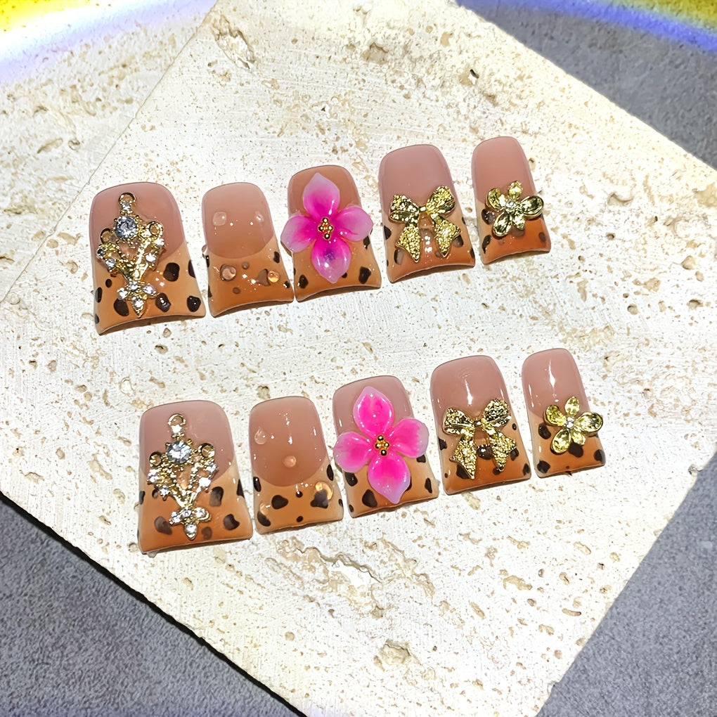 Press On Nails 10-Piece Medium Duckbill Set with Brown-Pink Gradient, 5D Flowers and Included Gel Tabs