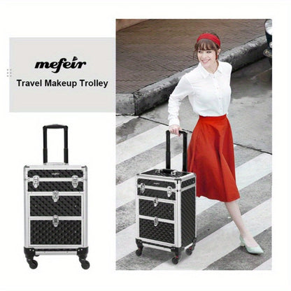 Black Rolling Makeup Train Case with Four Wheels, Telescoping Handle, Three Top Trays and Two Drawers